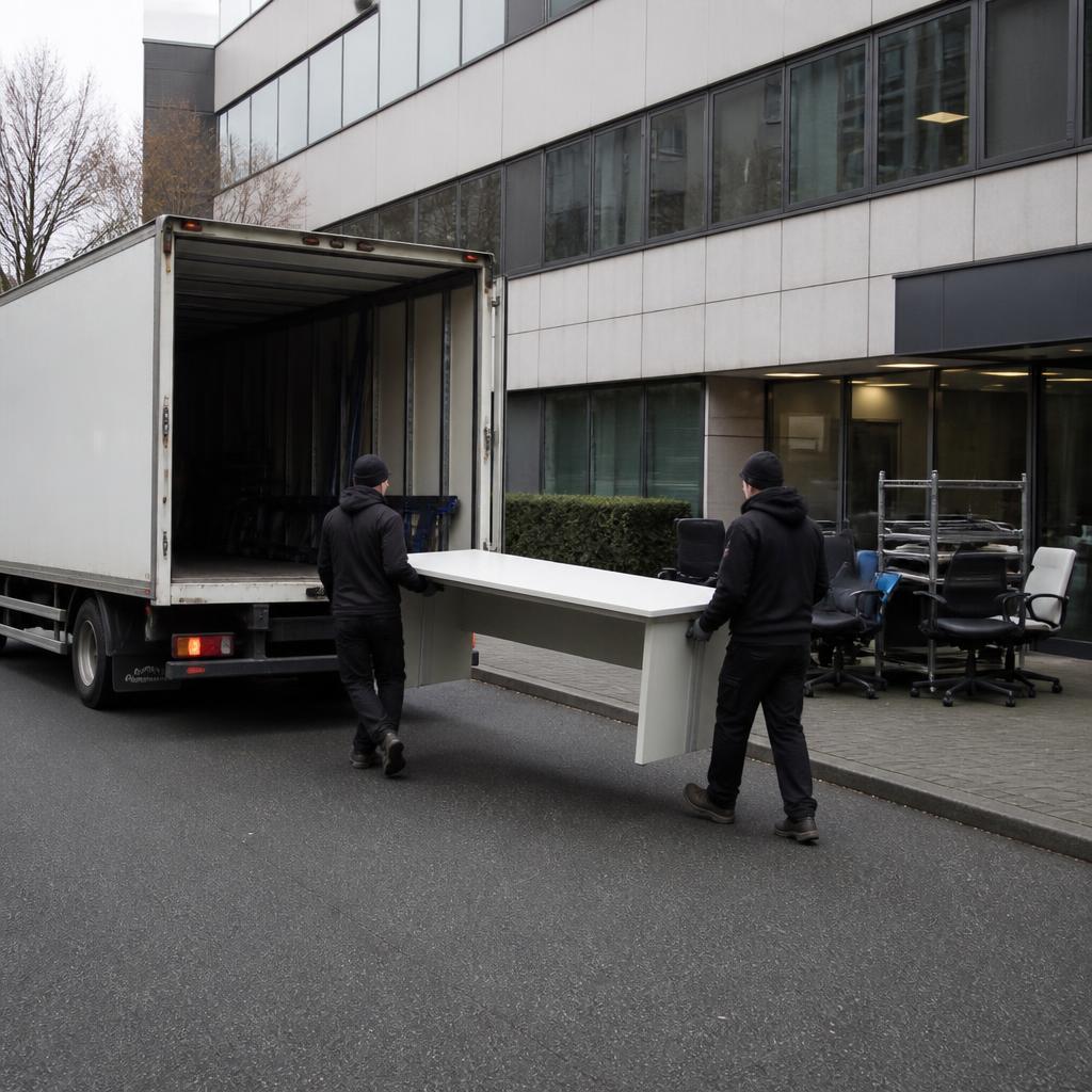 Ploeg laadt kantoormeubilair in een vrachtwagen bij een bedrijfspand
