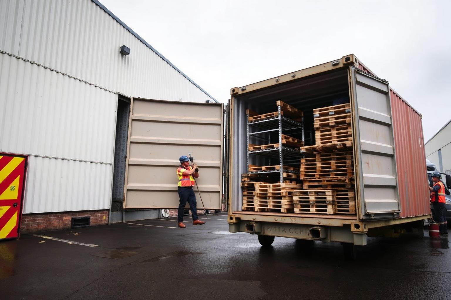 Container wordt geladen met gedemonteerde stellingen en pallets